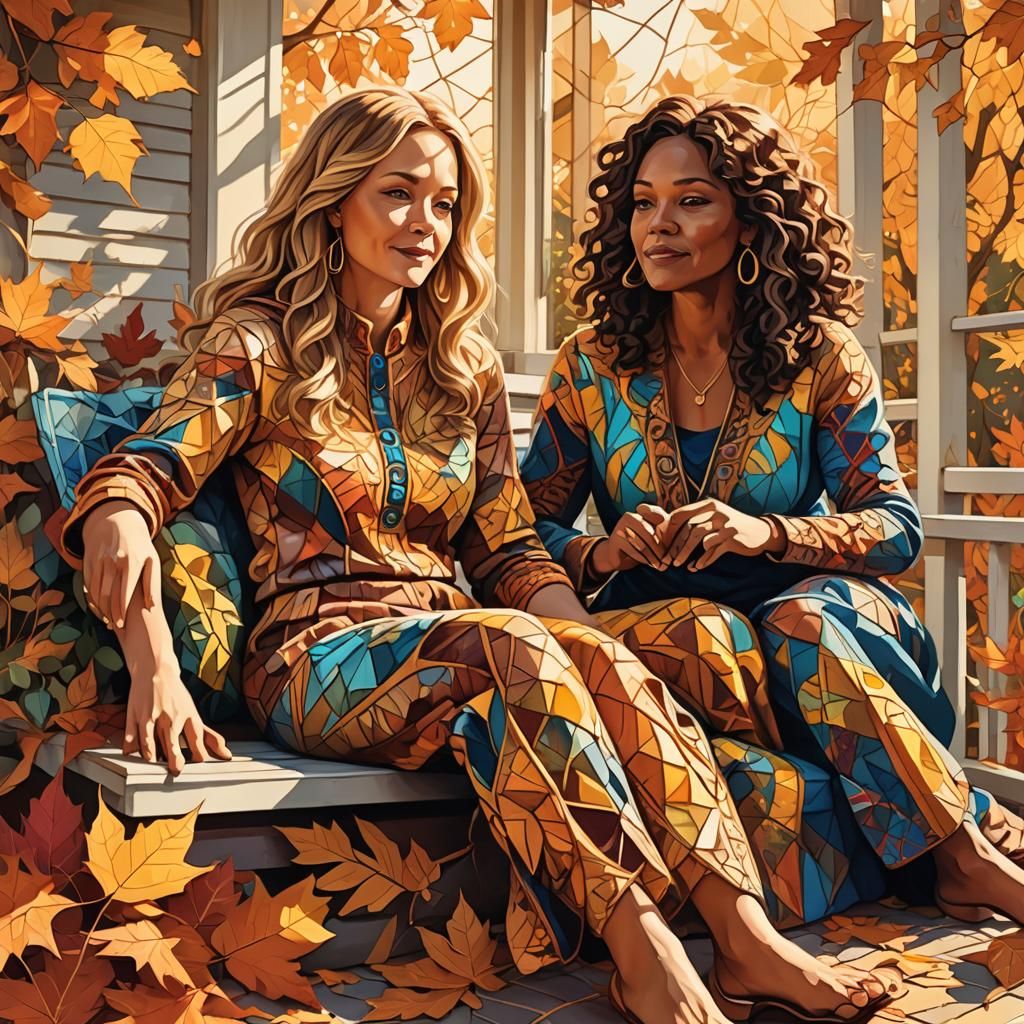 Psychedelic Autumn Porch Scene with Friends