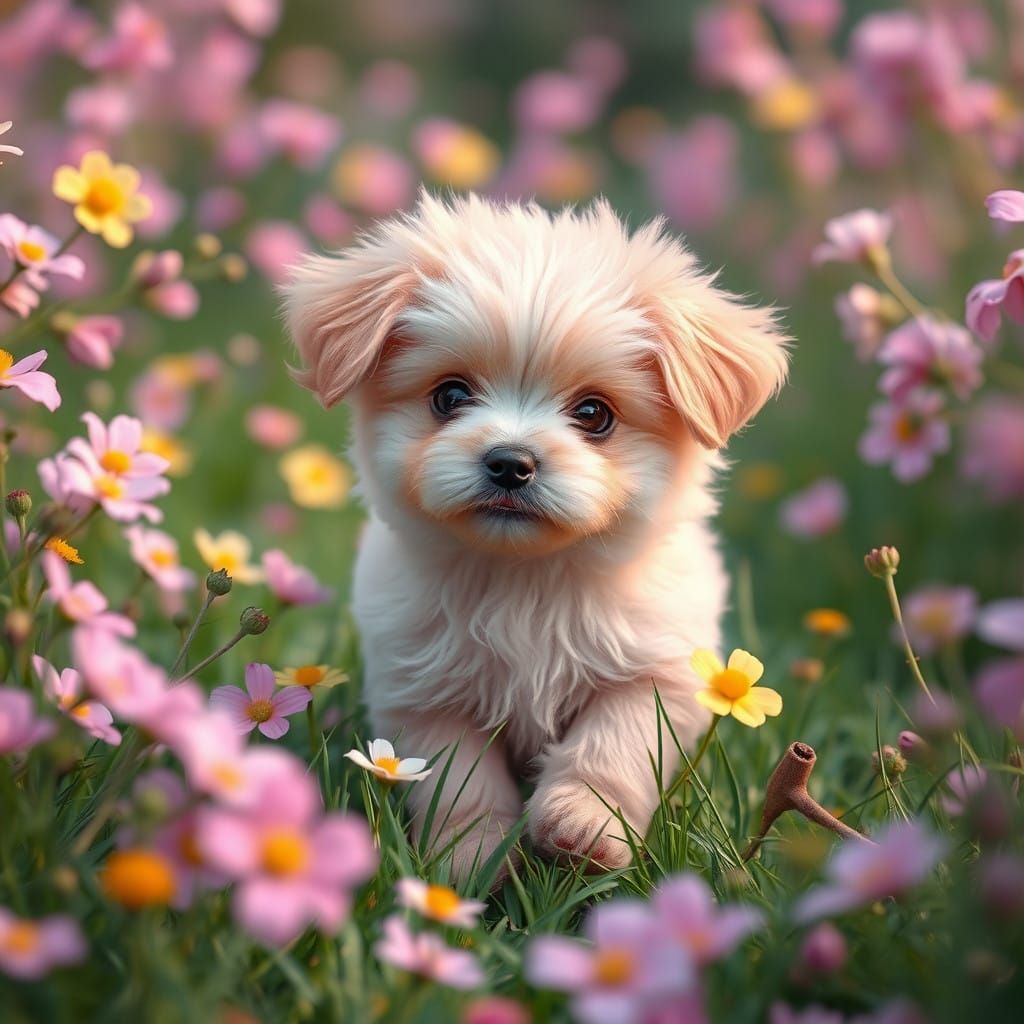 Whimsical Puppy in a Vibrant Meadow Landscape