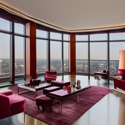 High-rise Penthouse with huge glass windows with Beautiful view& lots of vibrant lights& Burgundy walls& luxurious burgu...