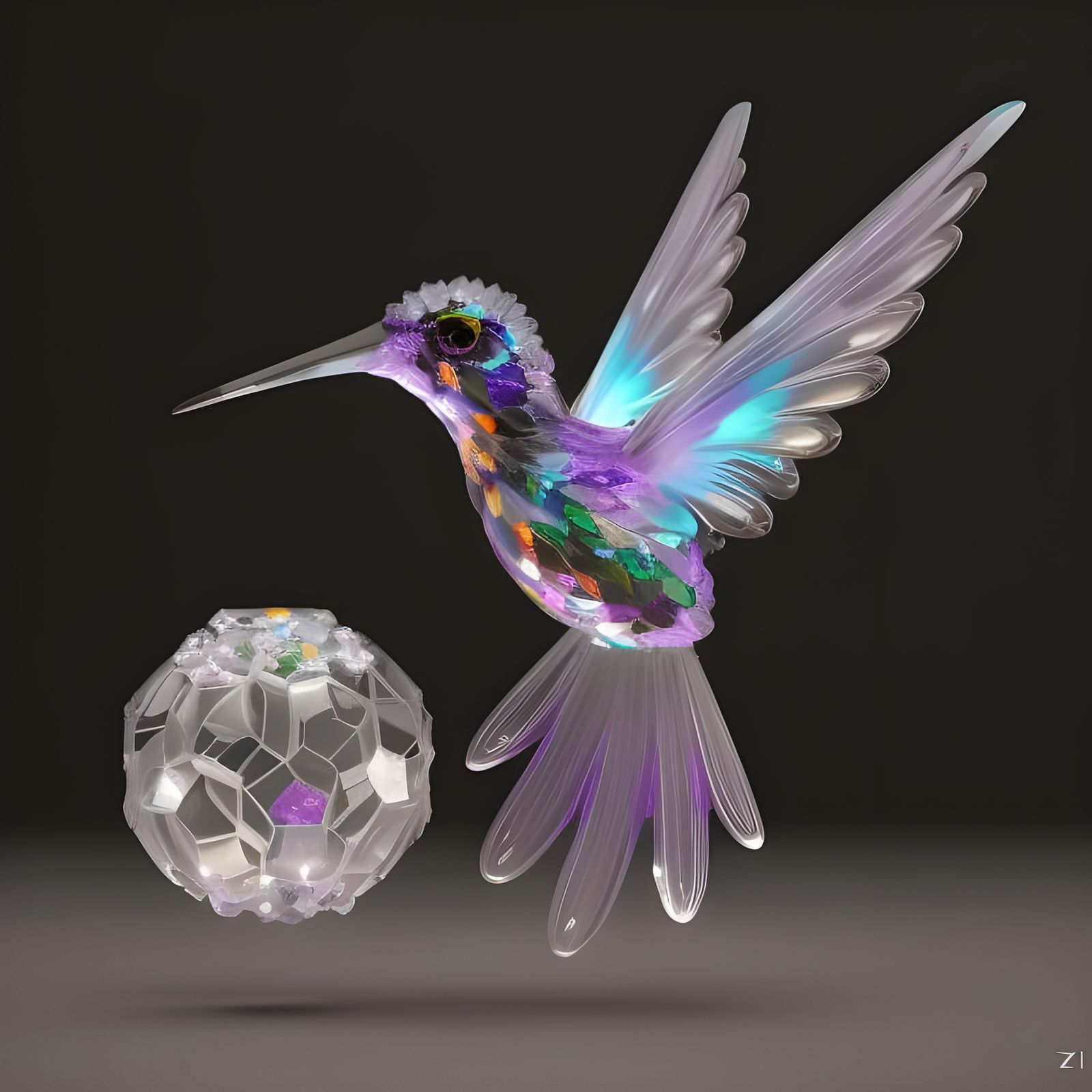 Crystal Hummingbird and Flower in Art Nouveau Style