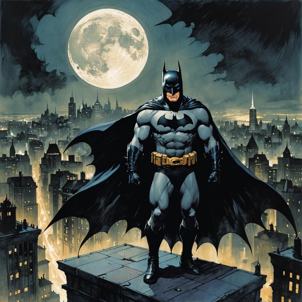 Batman, Gotham Rooftop Guardian, in Comic Book Style
