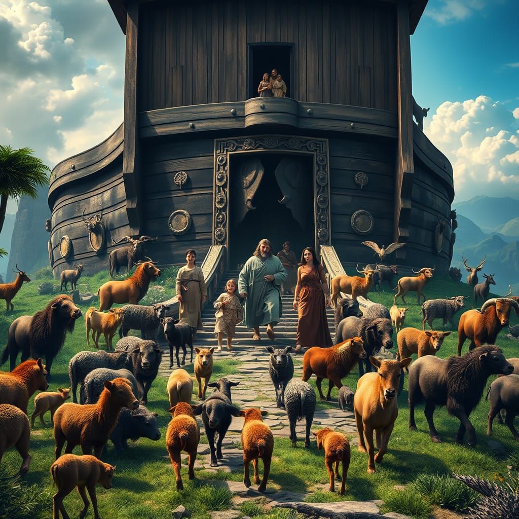Noah's Family Disembarking Ark Onto Lush Landscape