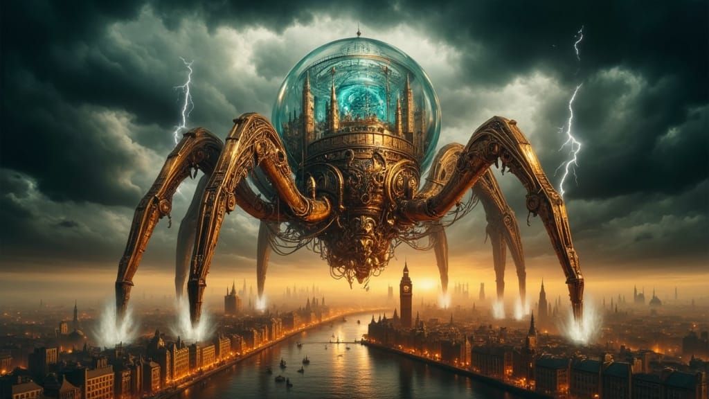 Colossal Steampunk War Machine Above Victorian London