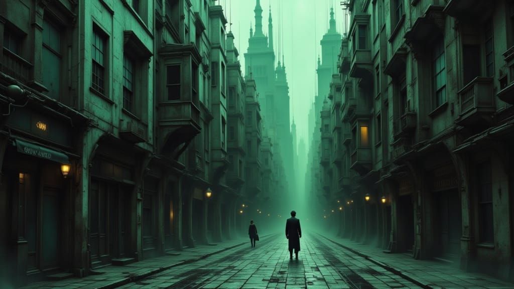 Gothic Cityscape Oil Painting with Impossible Architecture