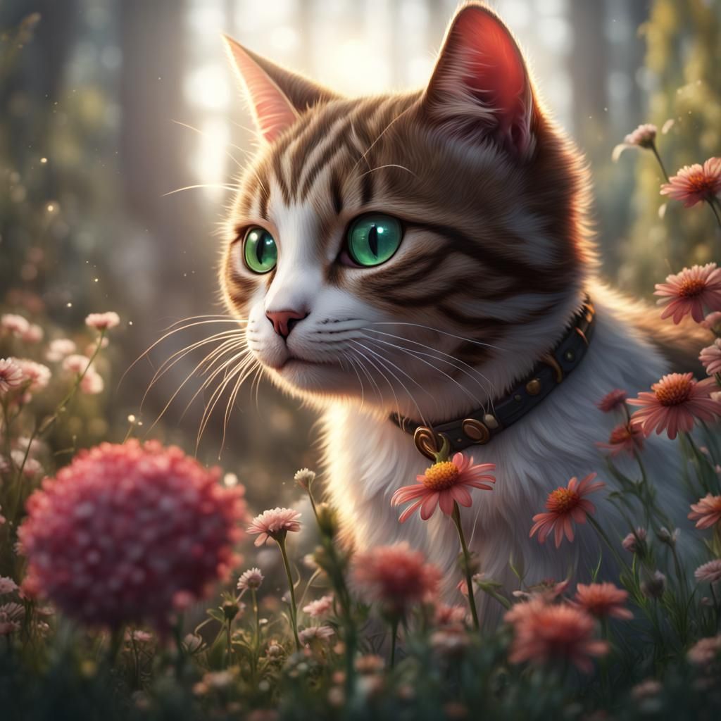 Cute Cat Smelling Flower in Detailed Matte Painting