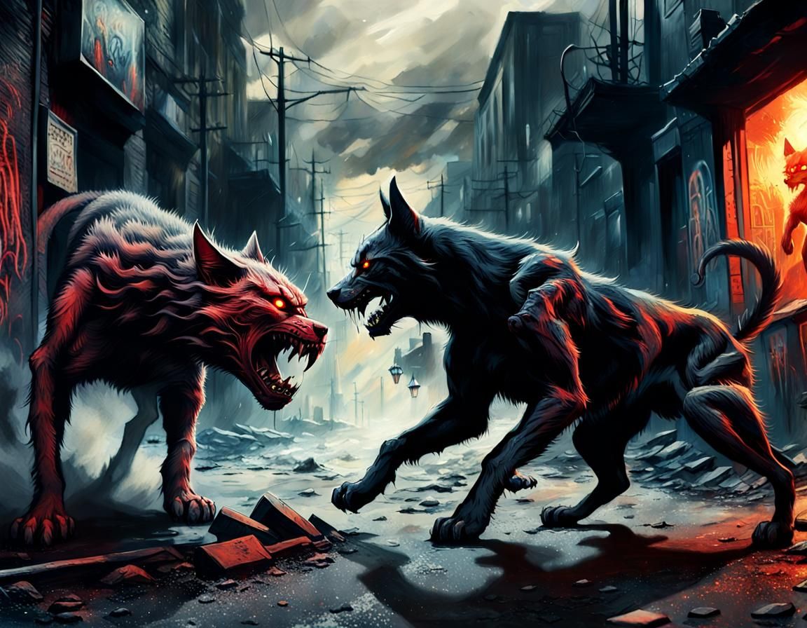 Demonic Cat and Hellhound Battle in Dark Surrealism