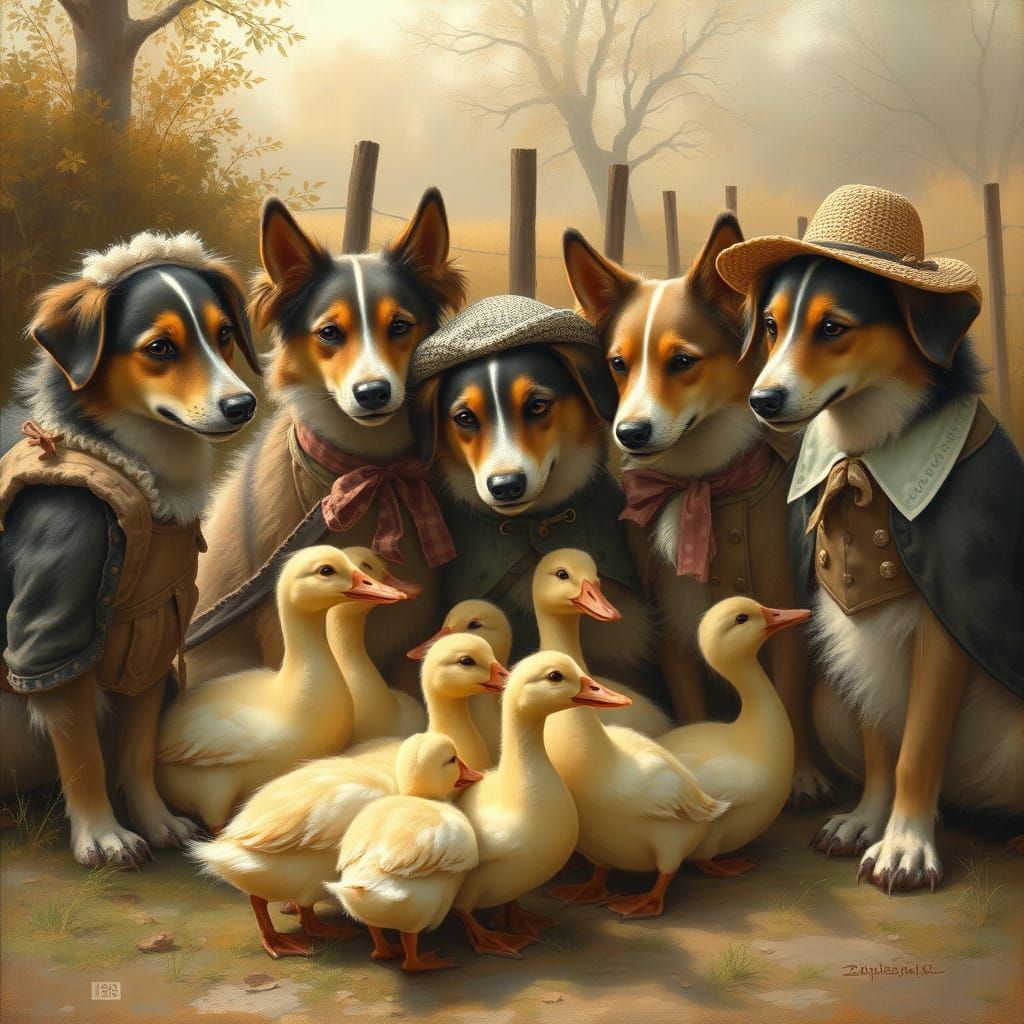 Anthropomorphic Dogs Tend to Ducks in Idyllic Countryside Se...