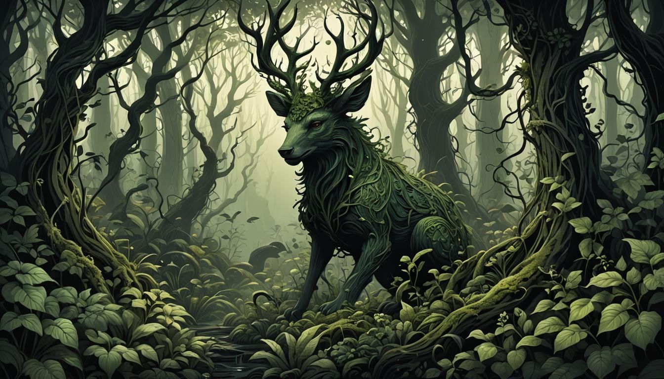 Mystical Forest Creature in Dark Green Landscape