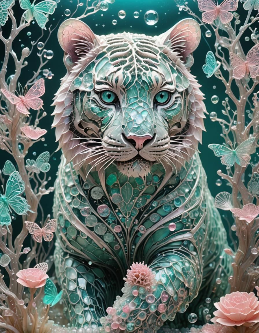 Crystal Tiger with Bioluminescent Butterflies Sculpture