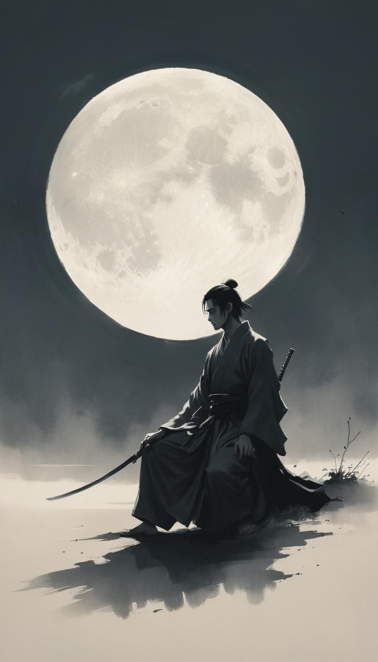 Swordsman Under Moon: Ink Painting in Kanō School Style