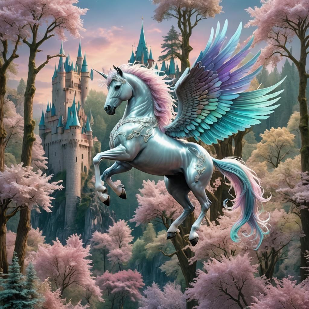 Pegasus Flies Above Mystical Forest Castle