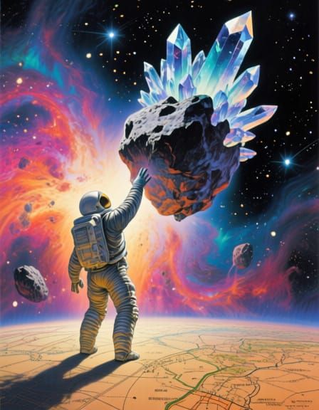 Astronaut Reaches Crystalline Asteroid in Celestial Nebula