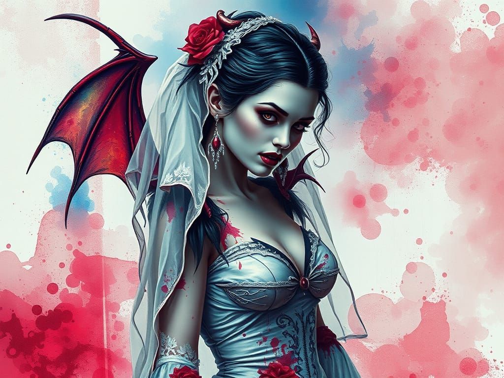 Demonic Bride: Hyperrealistic Art with Watercolor Textures