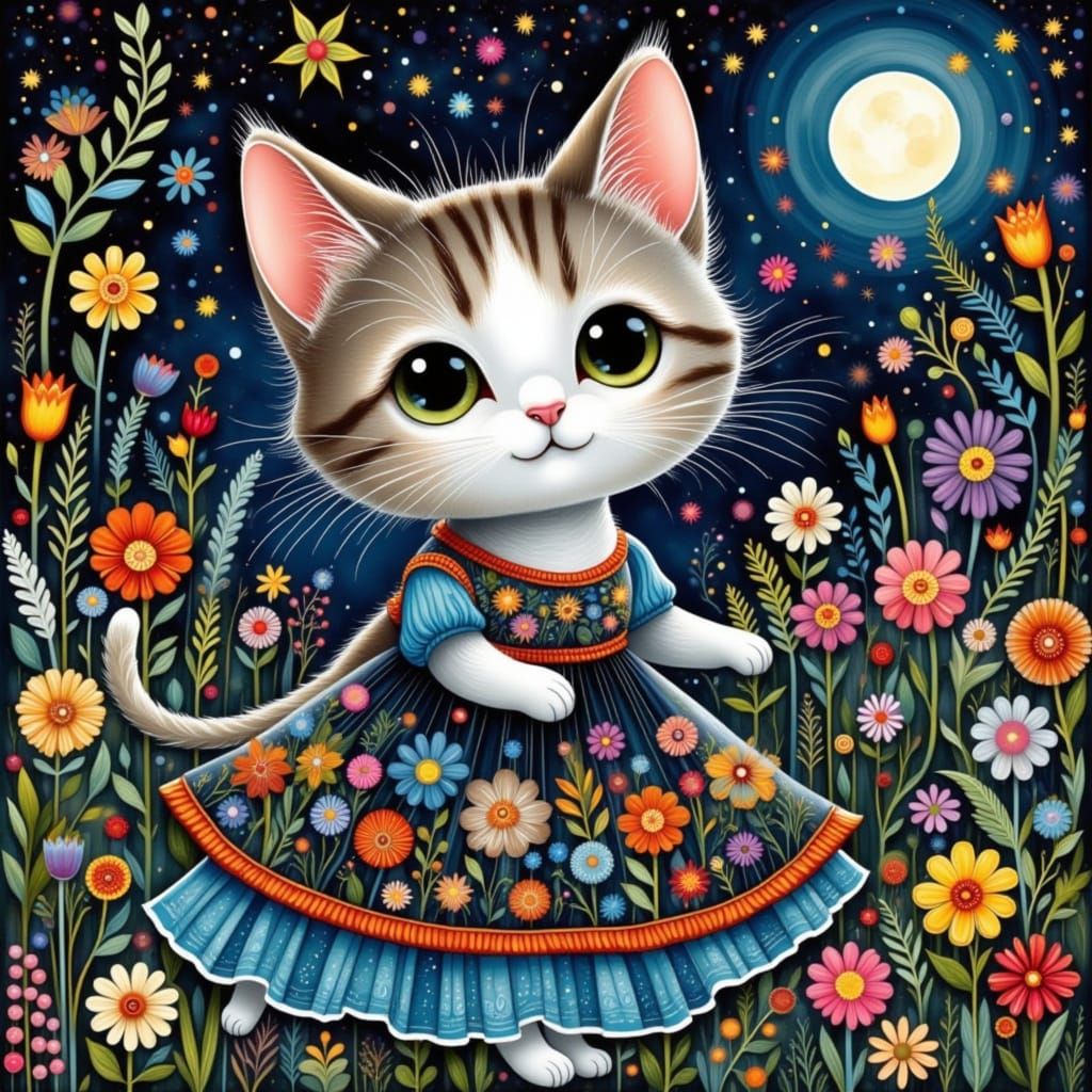 Whimsical Cat in Floral Dress Folk Art Illustration