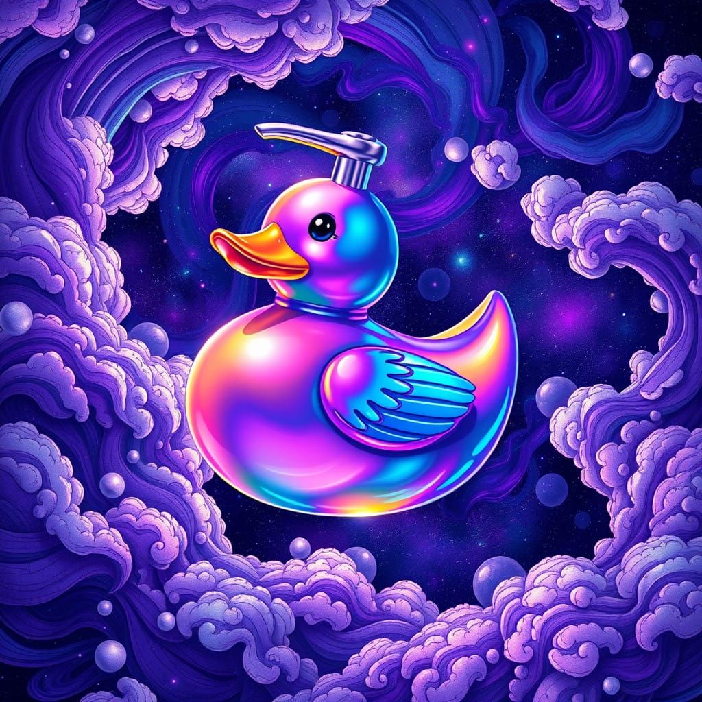 Surreal Duck Soap Dispenser in Vibrant, Iridescent Holograph...