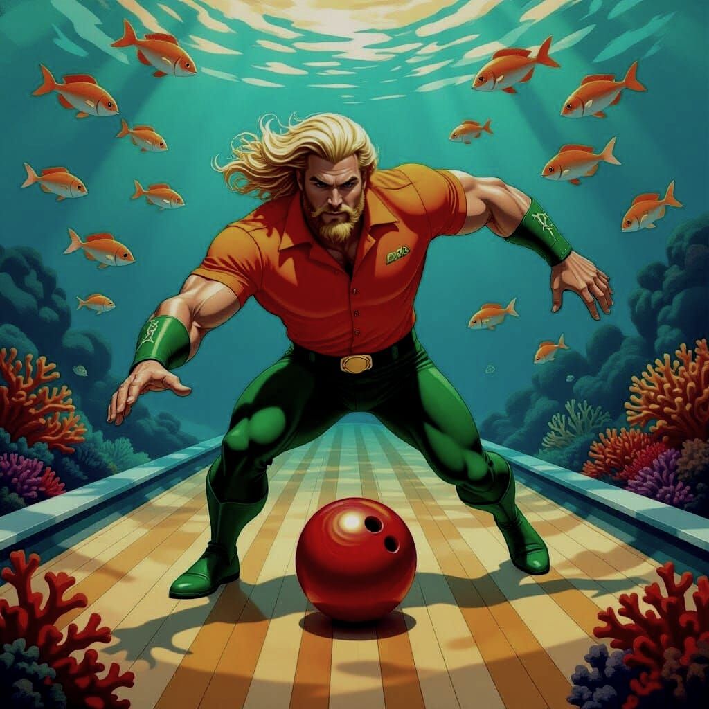 Aquaman Bowls at Underwater Track: Gahan Wilson Style