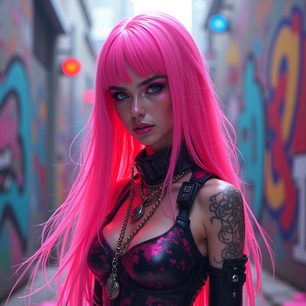 Futuristic Girl with Neon Makeup in Graffiti Metropolis