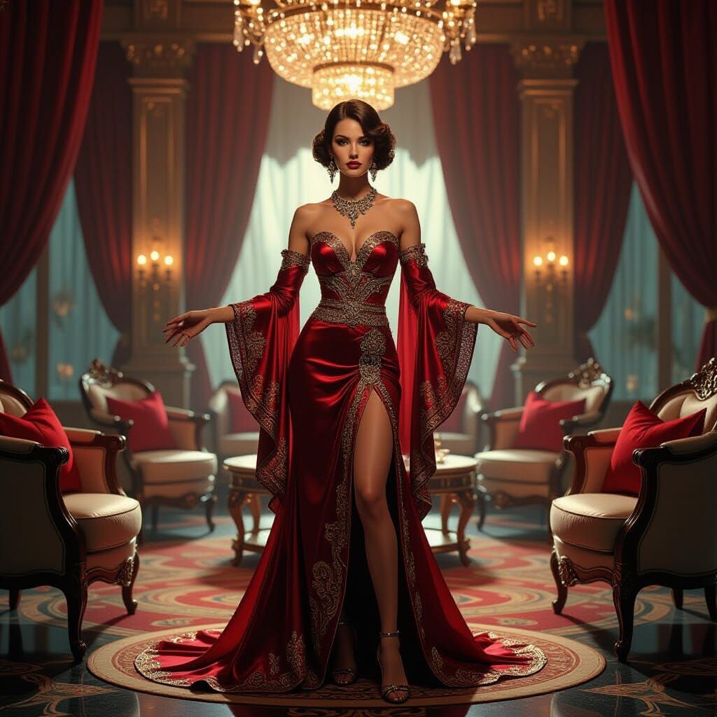 Elegant Lady in Art Deco Attire at Opulent Party