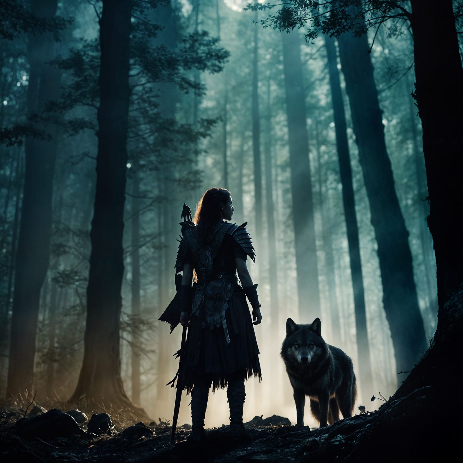 Mystical Female Warrior with Wolf Companion
