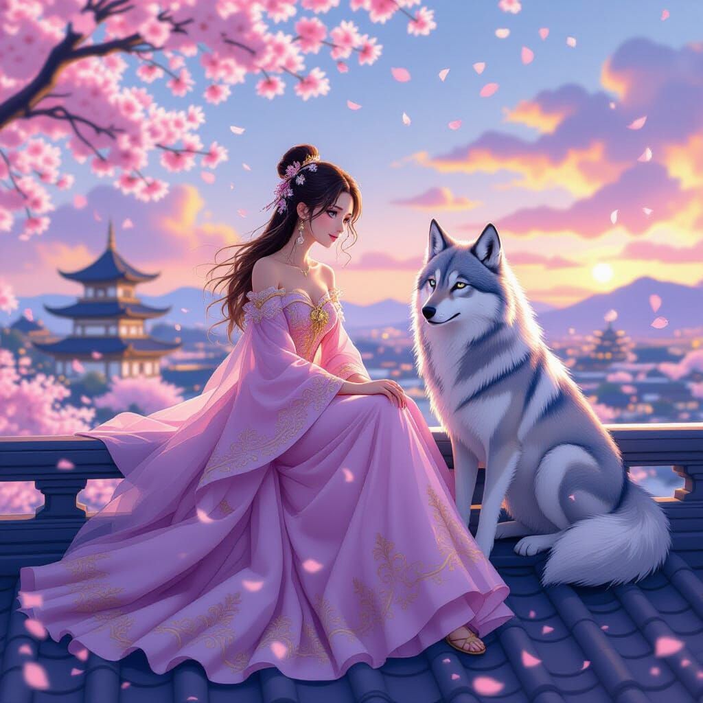 Girl and Wolf on Palace Roof in Anime Style
