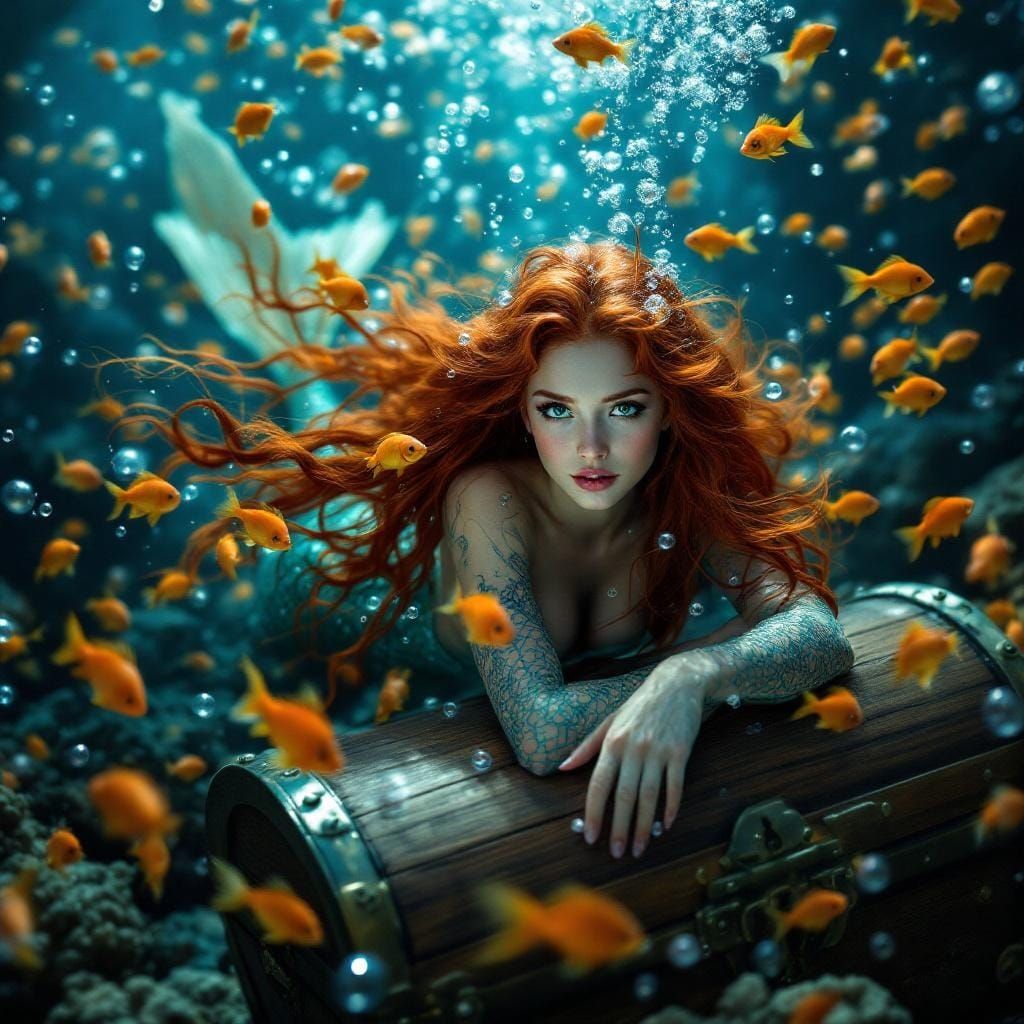 Red-Haired Mermaid with Treasure Chest