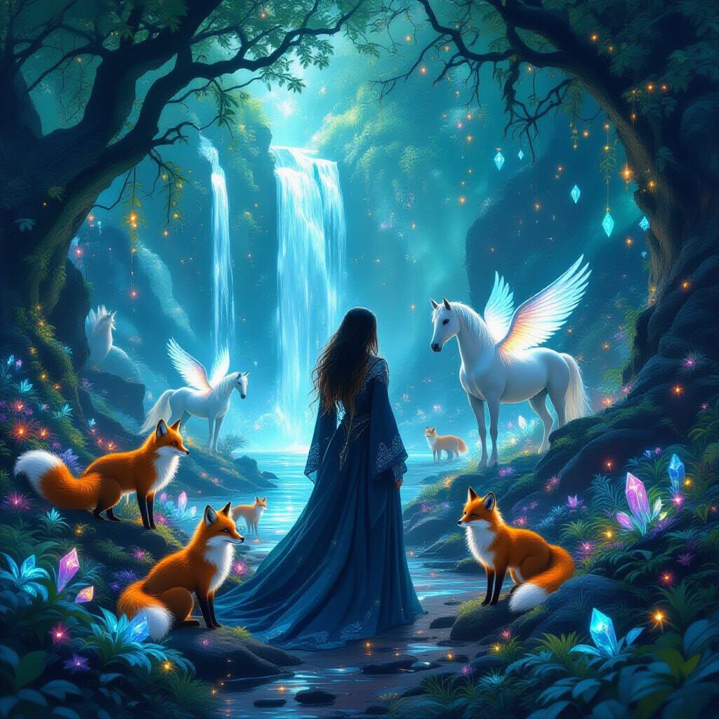 Mystical Woman in Magical Forest with Glowing Wildlife