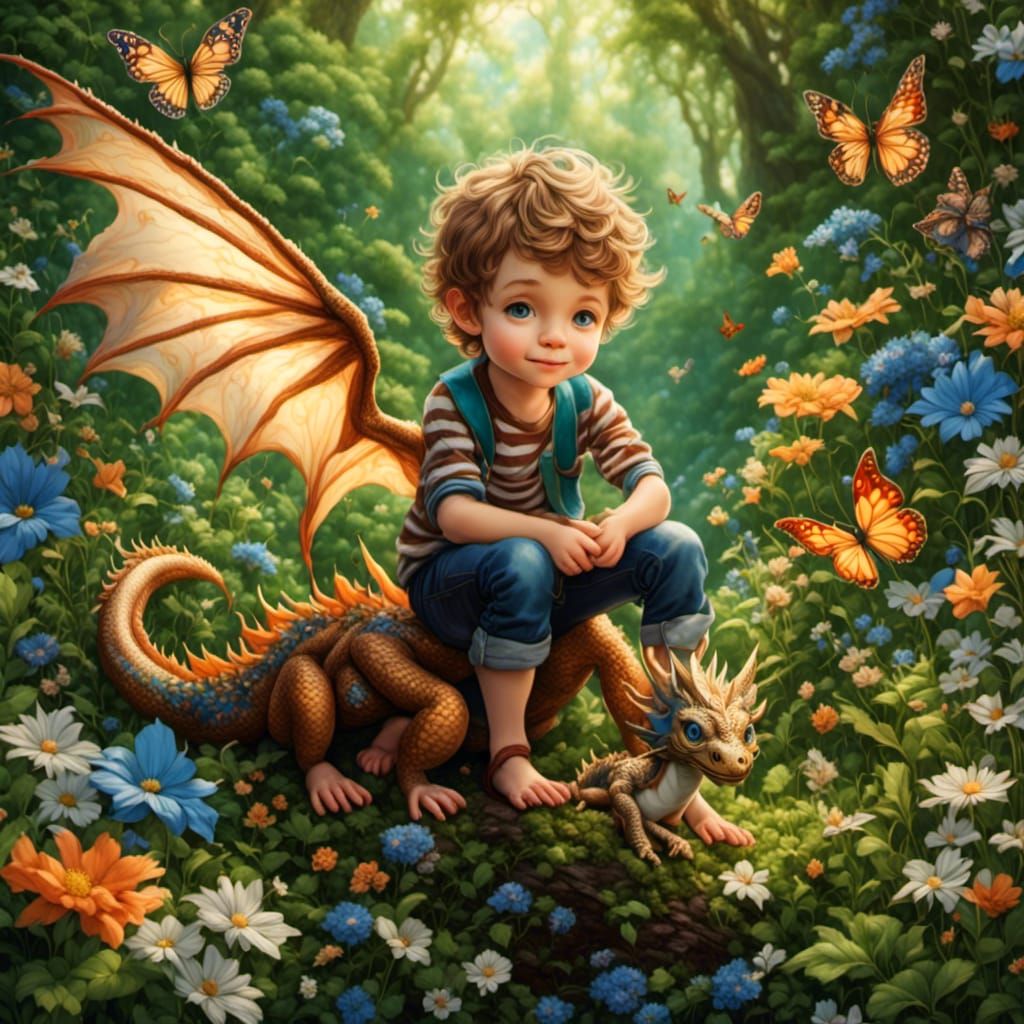 Boy and Dragon in Enchanted Forest