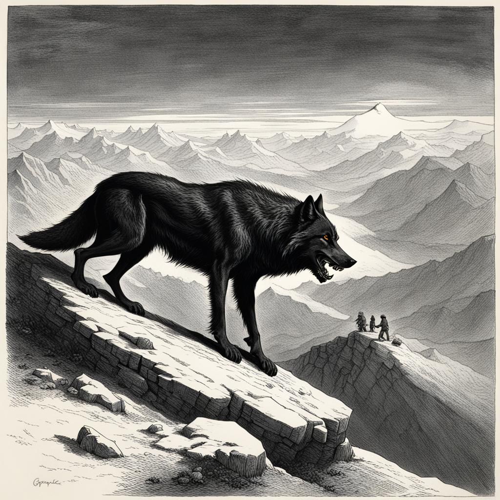 Giant Black Wolf on Mountain: Gothic Horror Art