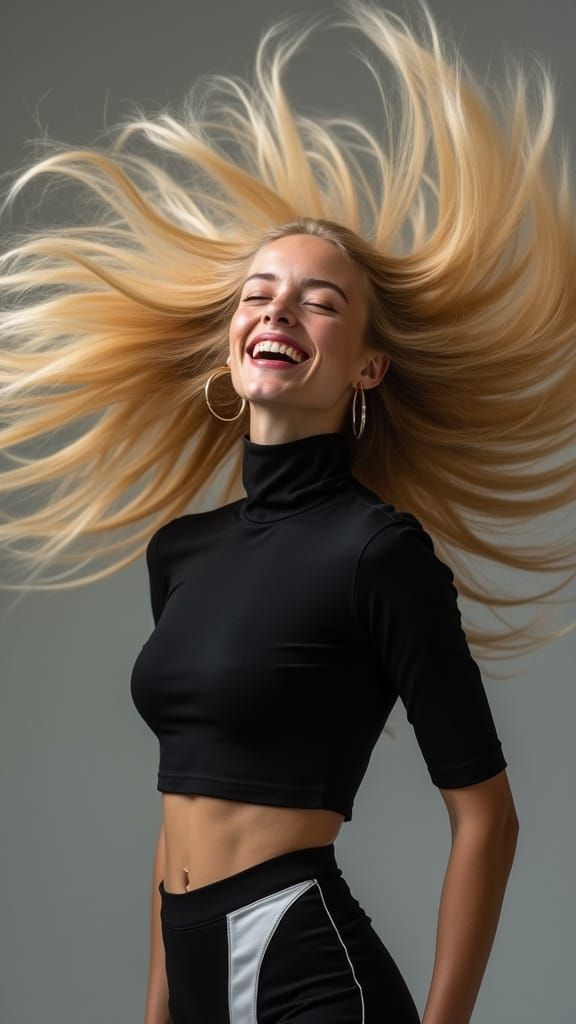 Blonde Woman in Euphoric Motion: Editorial Style Portrait