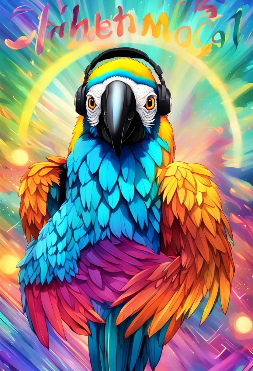 Cyan Macaw with Headphones: Pixar-Style Portrait