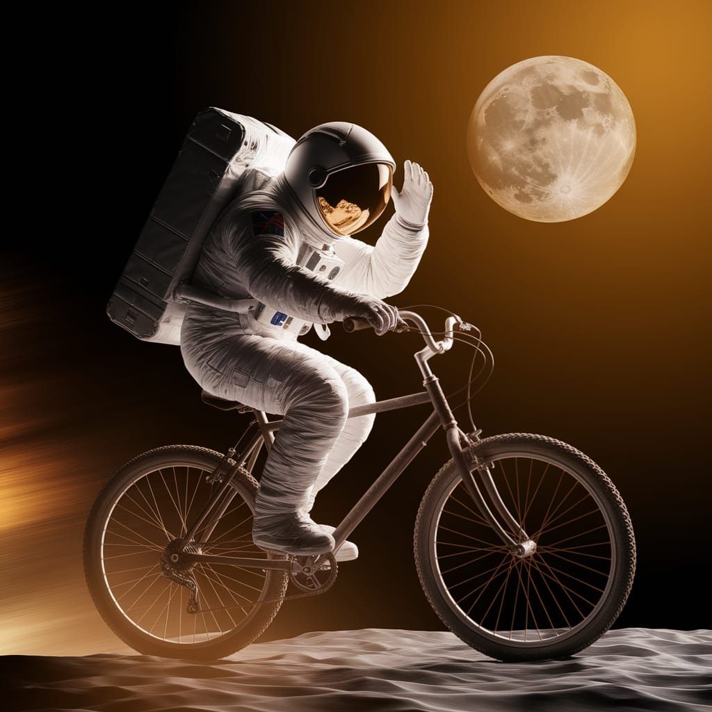 Astronaut on Bike Drifting Towards Moon