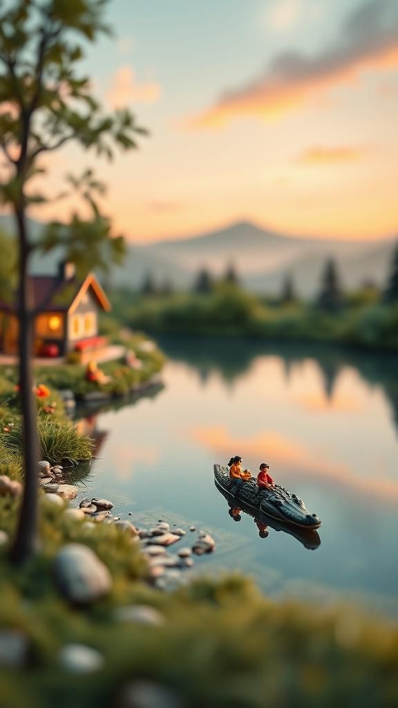Miniature Family Picnic in Retro Landscape