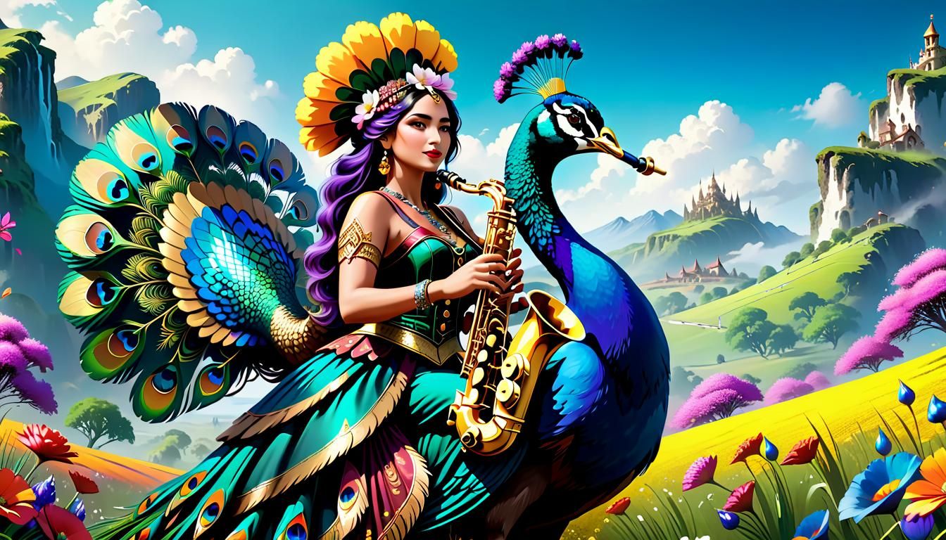 Gypsy Saxophonist Rides a Peacock Over Fantasy Landscape