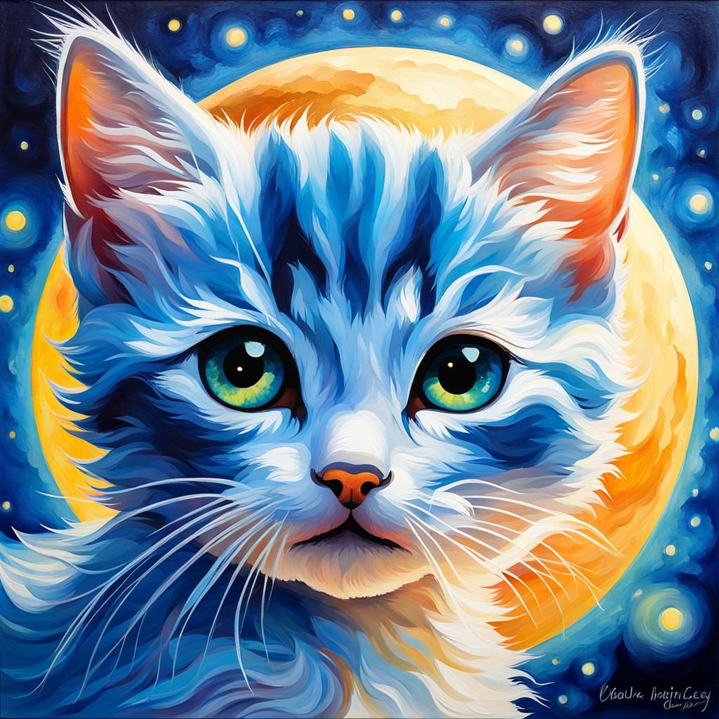 Blue Kitten and Moon Watercolor Painting