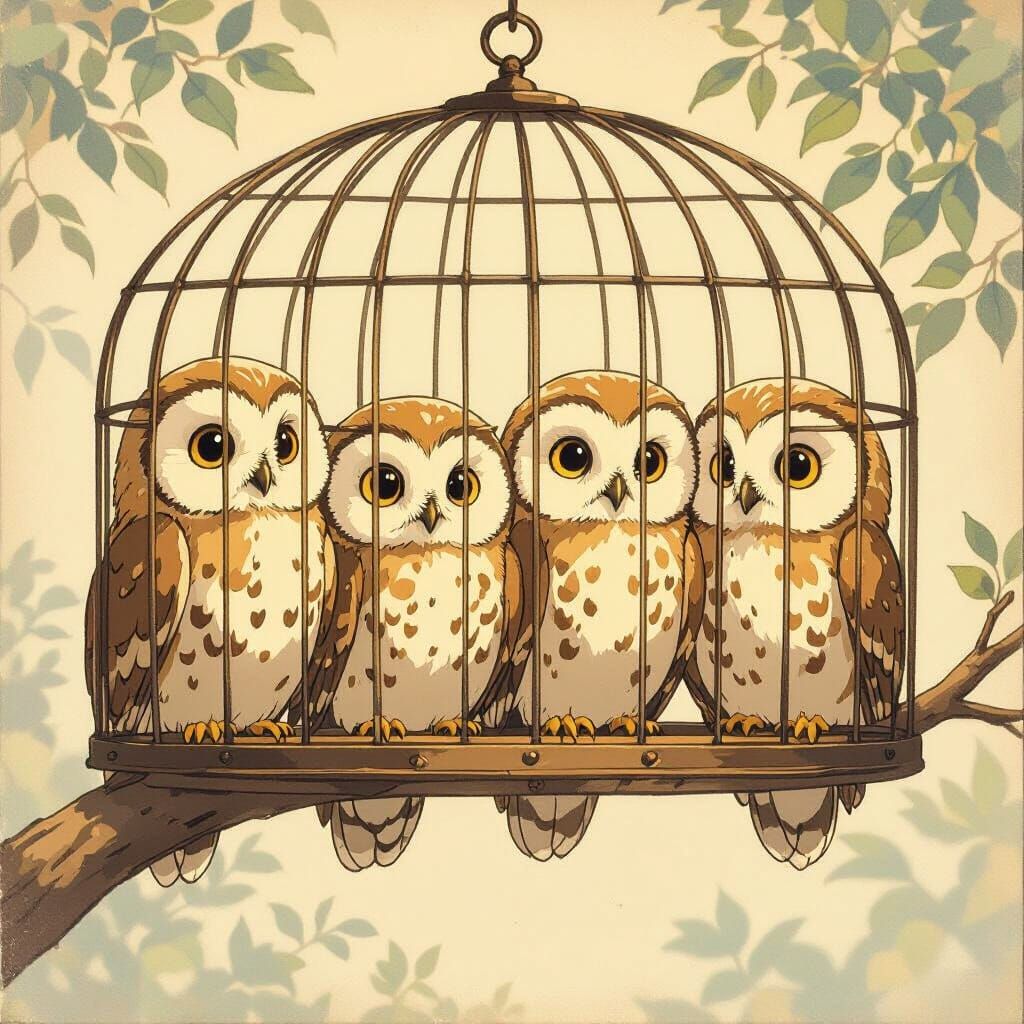 Adorable Owls in Vintage Anime Style