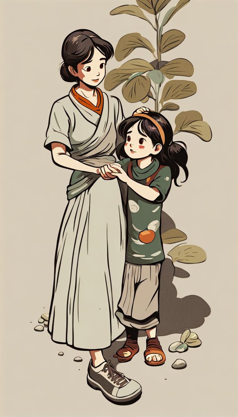 Cozy Family Scene in Warm Oil Painting Style