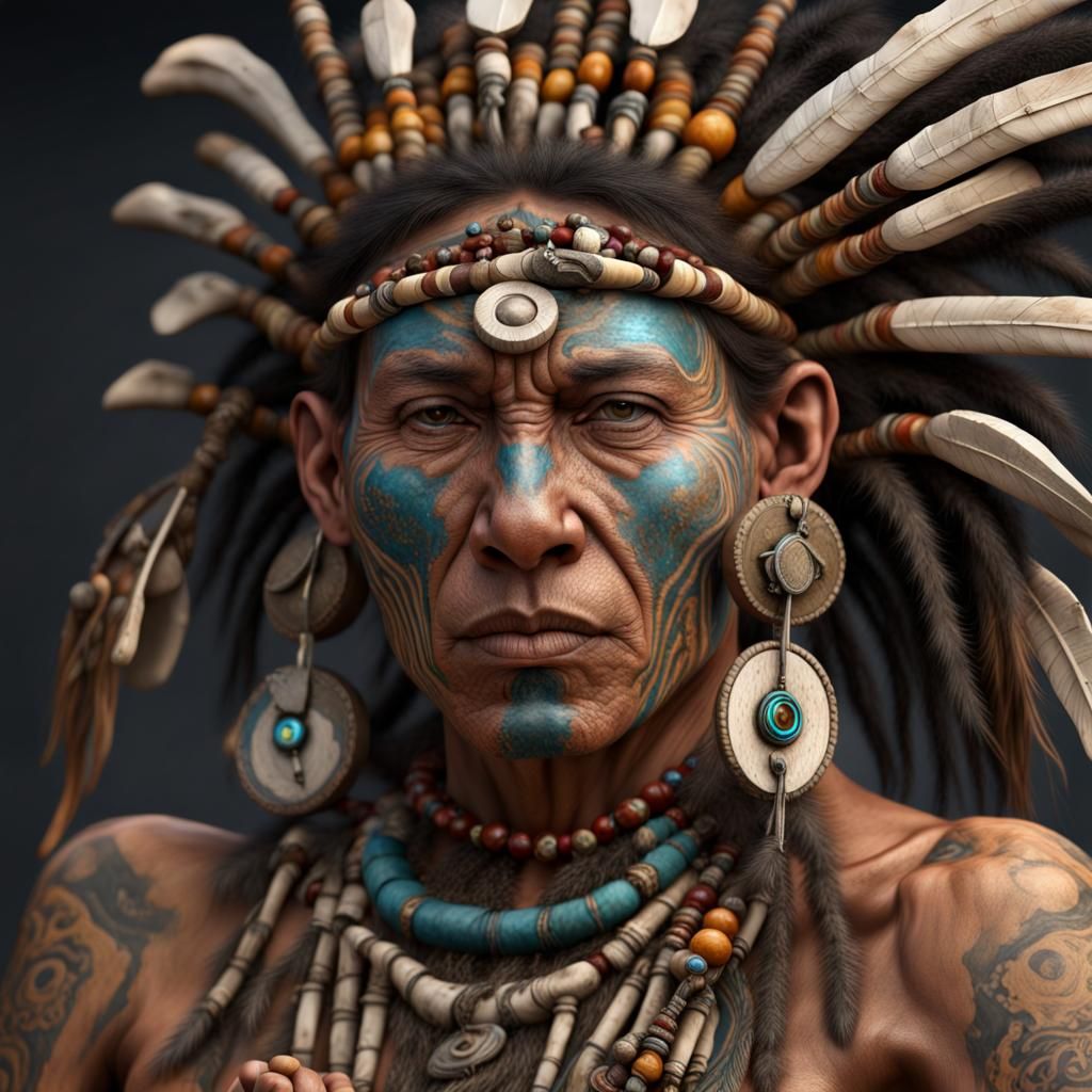Painted Shaman with Drum in Photorealistic Style