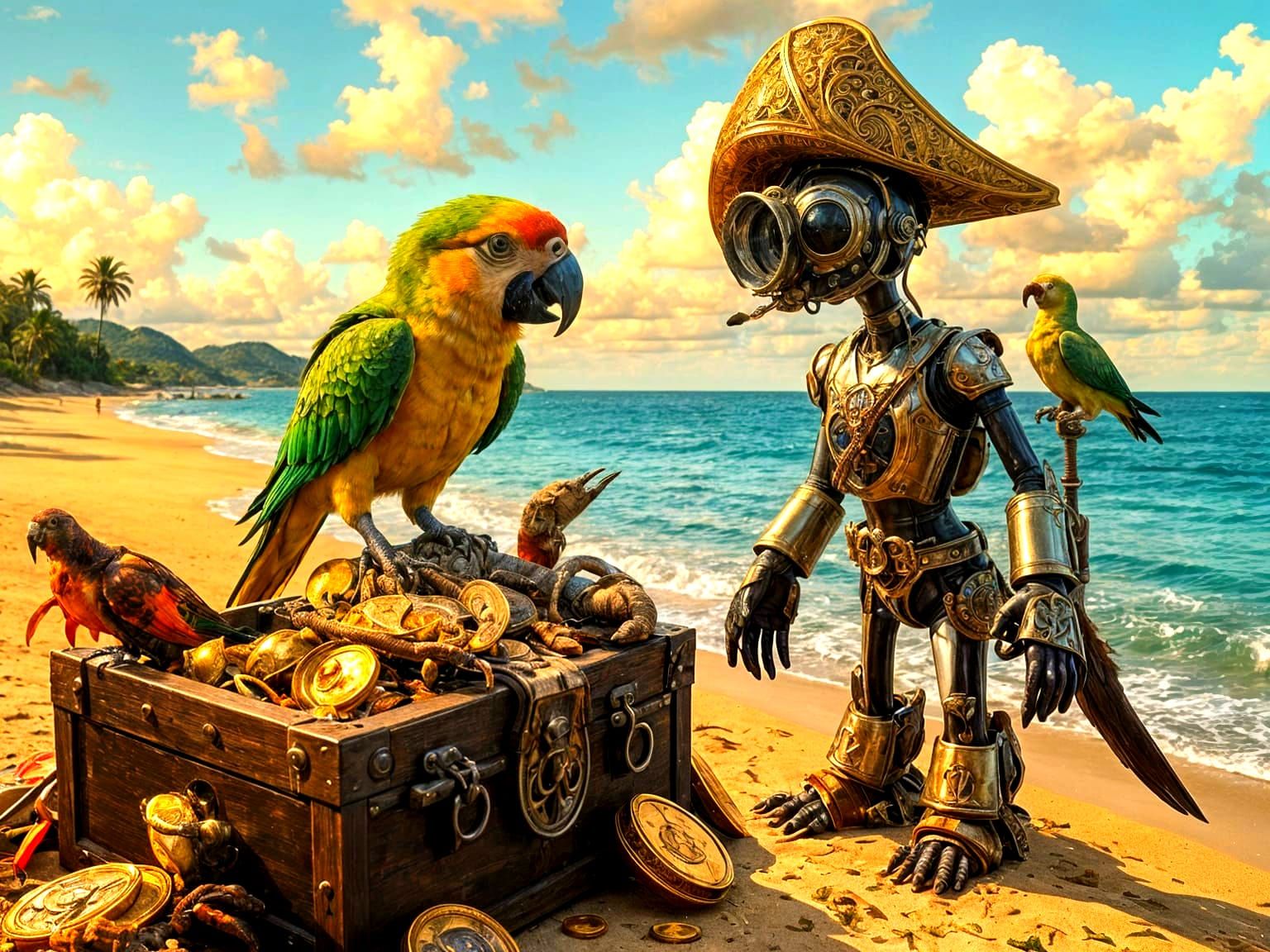 Pirate Parrot Guarding Treasure Chest on Tropical Beach