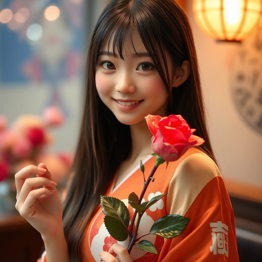 Beautiful Japanese Girl Holding a Glass Rose