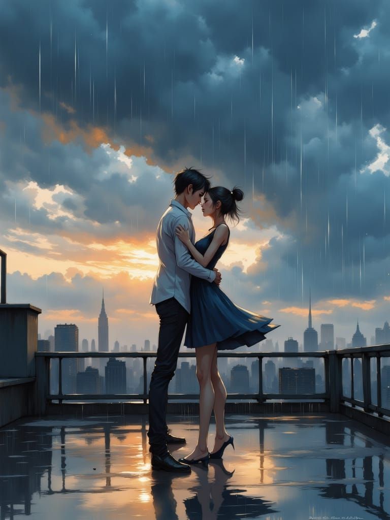 Romantic Anime Couple Embracing in Rainy Rooftop Scene