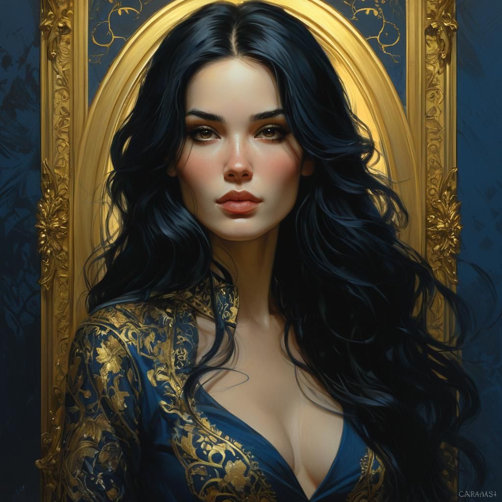 Woman in Gold Frame Portrait, Muted Realism Style