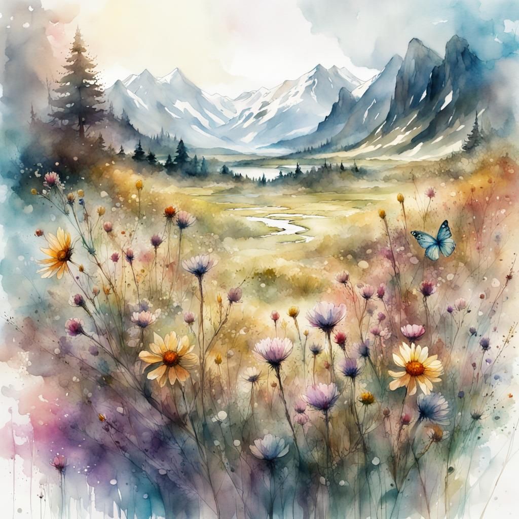 Watercolor Flower Meadow Fantasy Landscape