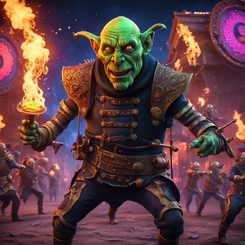 Neon Goblin Flamethrower Circus in Detailed Matte Painting