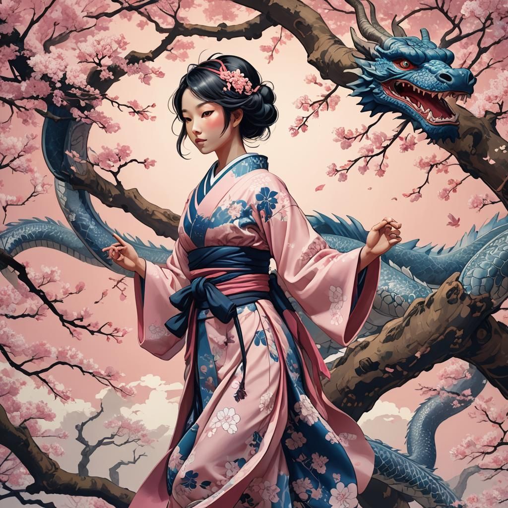 Girl with Dragon in Ukiyo-e Style
