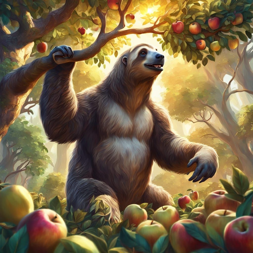 Giant Sloth Picking Apples: Vibrant Digital Painting