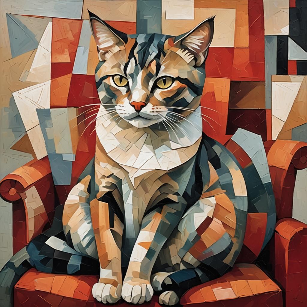 Cubist Cat Portrait on Red Couch in Picasso Style