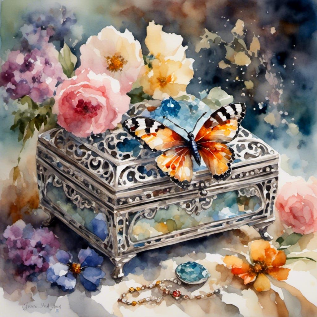 Ornate Jeweled Box with Butterfly in Watercolor Style