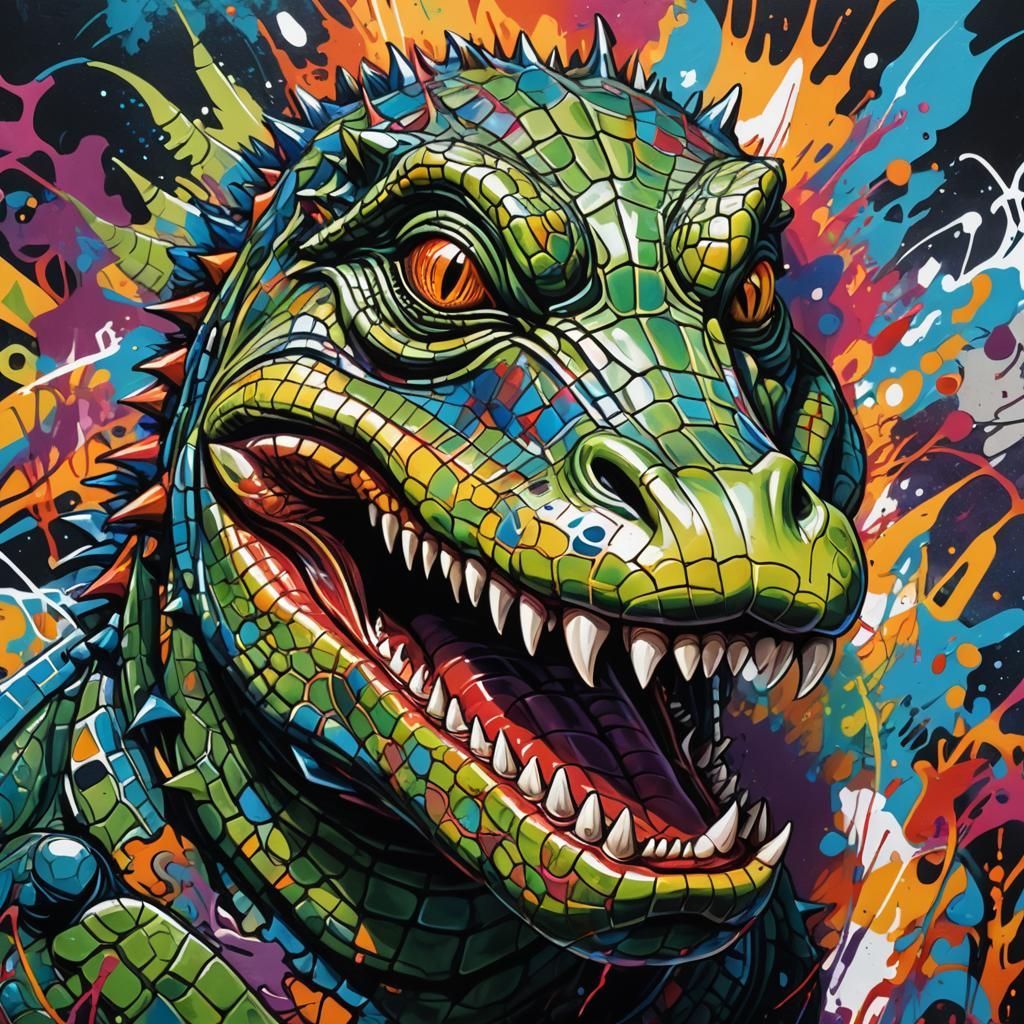 Alligator Graffiti Art Portrait in Abstract Expressionism St...