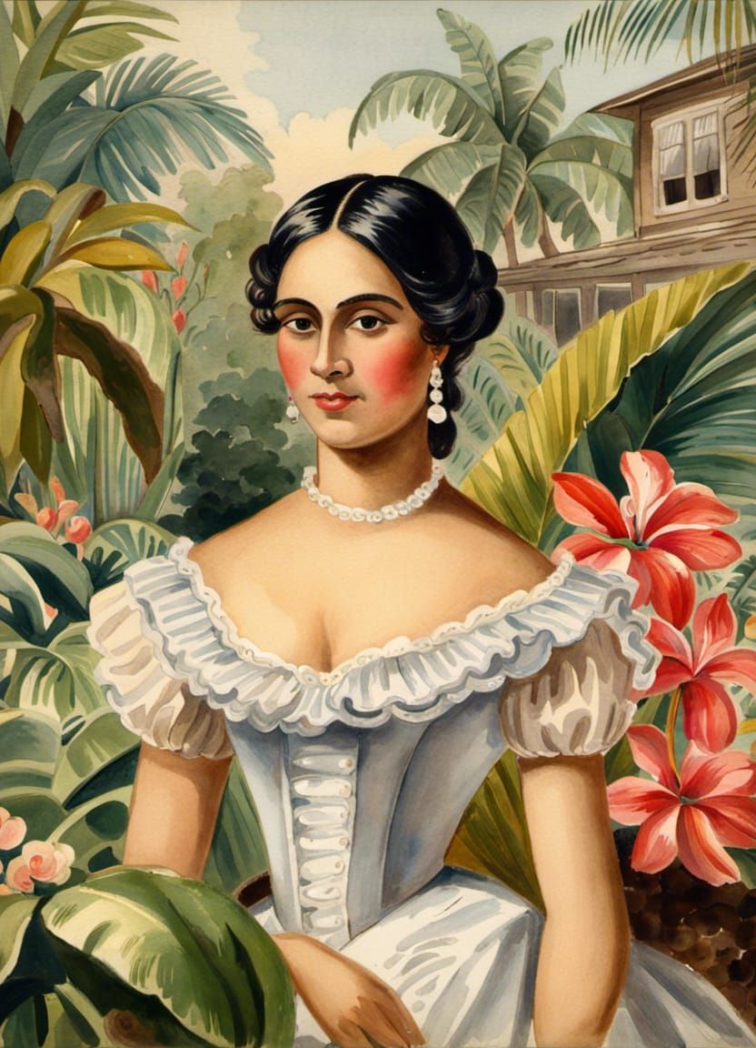 Victorian Indonesian Woman in Abstract Watercolor