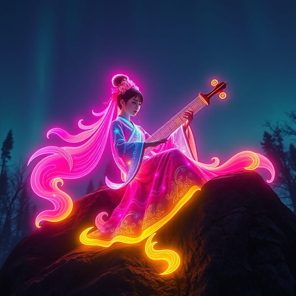 Chinese Girl with Guzheng in Glowing Neon Aura